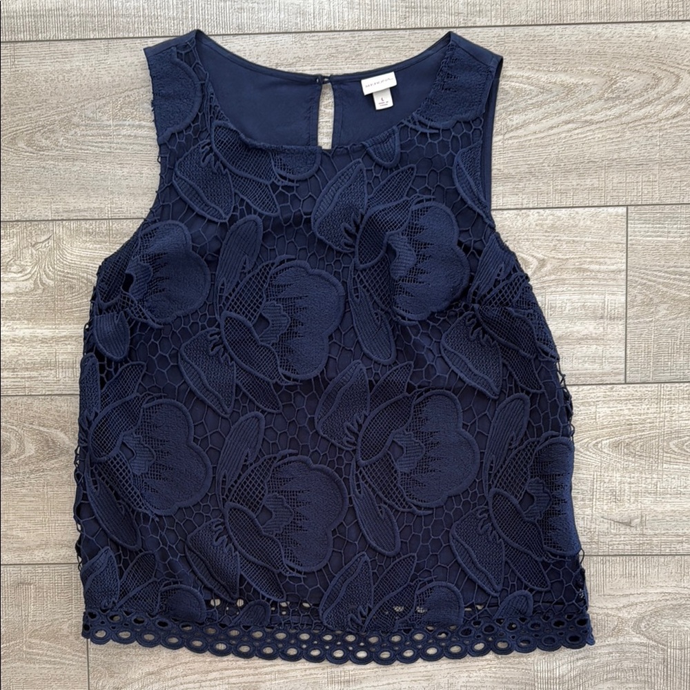 Blue Sleeveless Blouse with Floral Lace